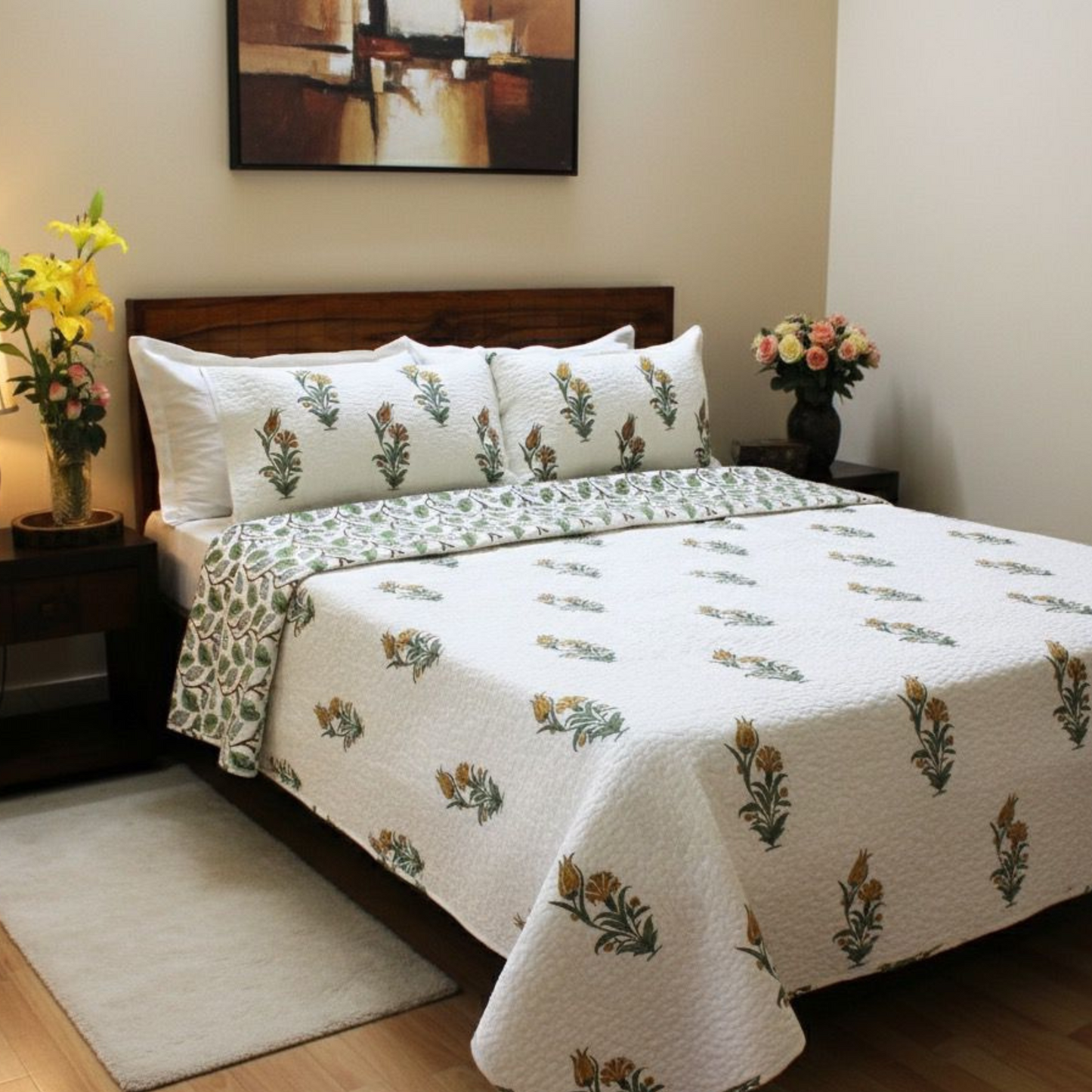 Bedsheet | Handblock Cotton Quilted | 3 Pc Set