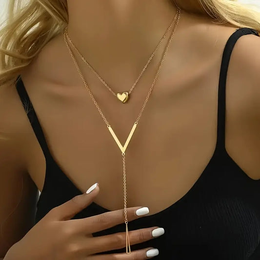 Heart Layered Necklace Women Gold V Pendant Tassel