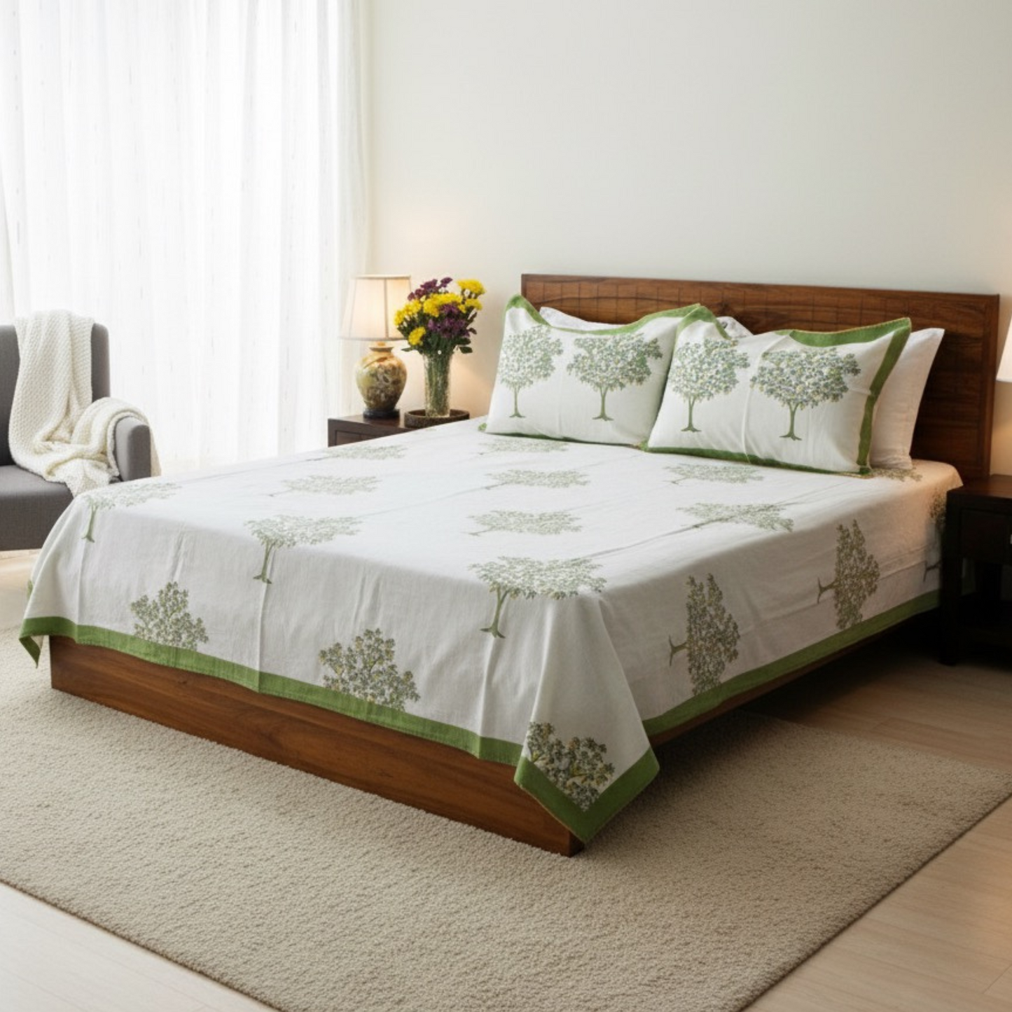 Bedsheet | Cotton Slub Handblock Lotus Garden | Set of 3