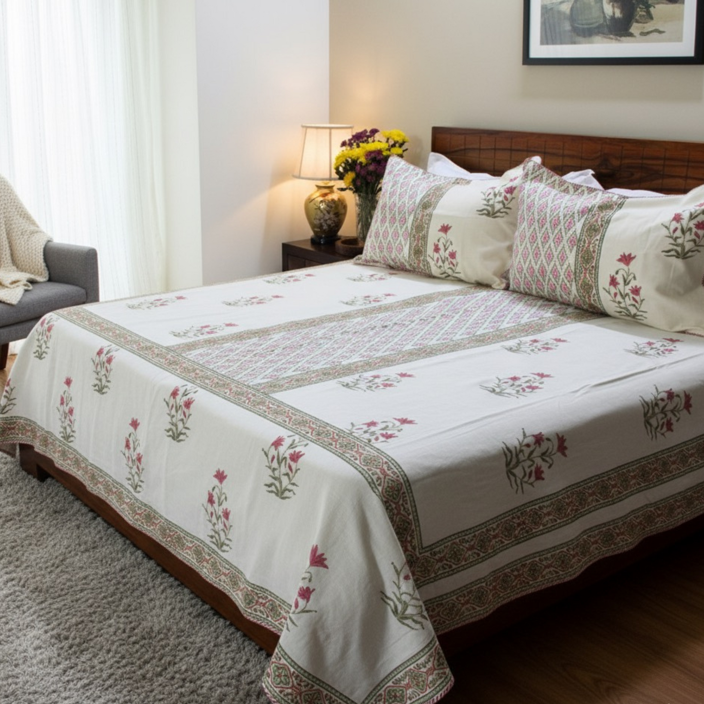 Bedsheet | Cotton Slub Lotus Garden | 3 Pc Set
