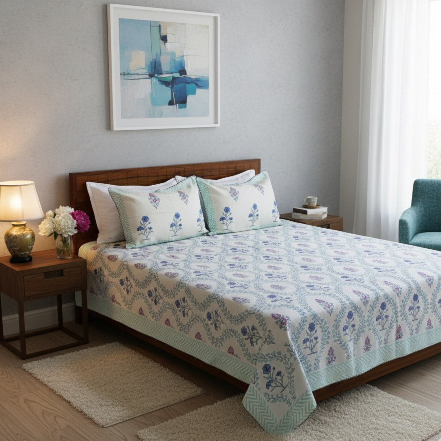 Bedsheet | Handblock Lotus Garden Indigo & Blush |  3 Pc Set