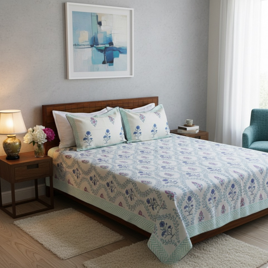 Bedsheet | Handblock Lotus Garden Indigo & Blush |  3 Pc Set