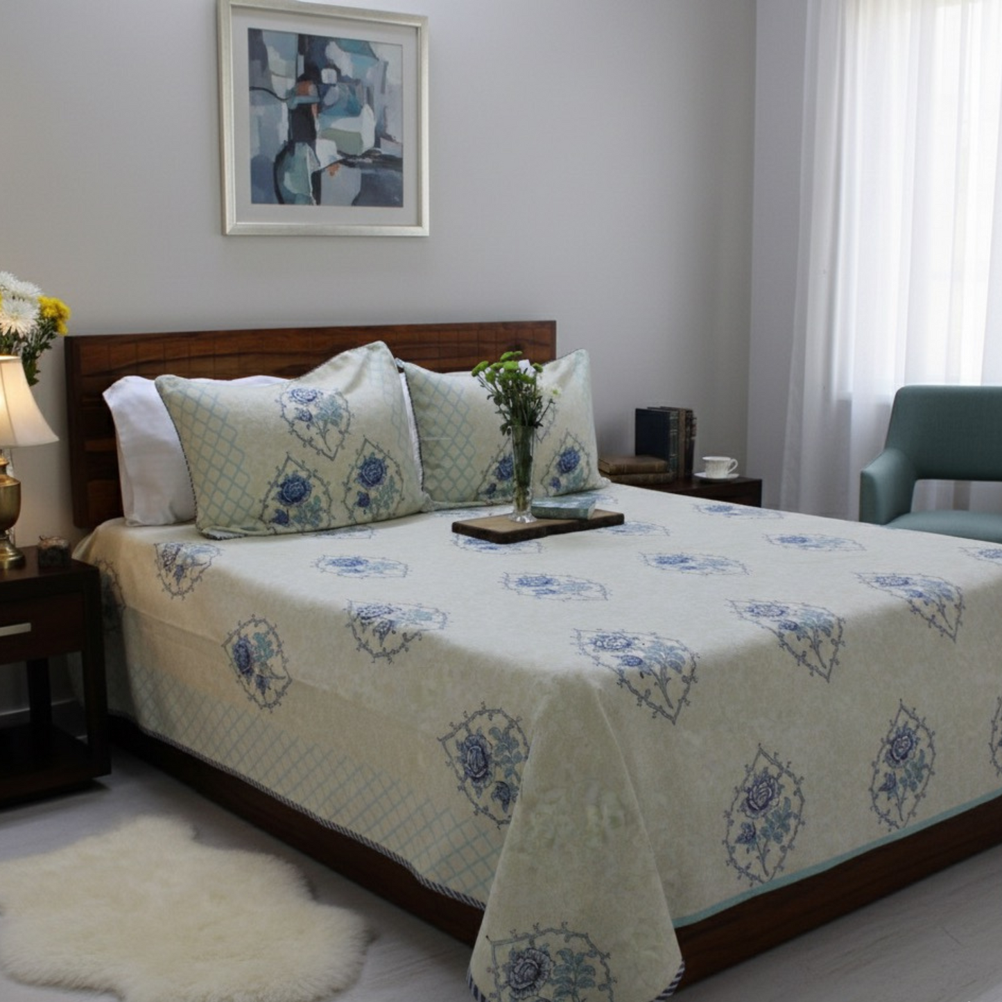 Bedsheet | Handblock Cotton Slub Lotus Garden | Set of 3