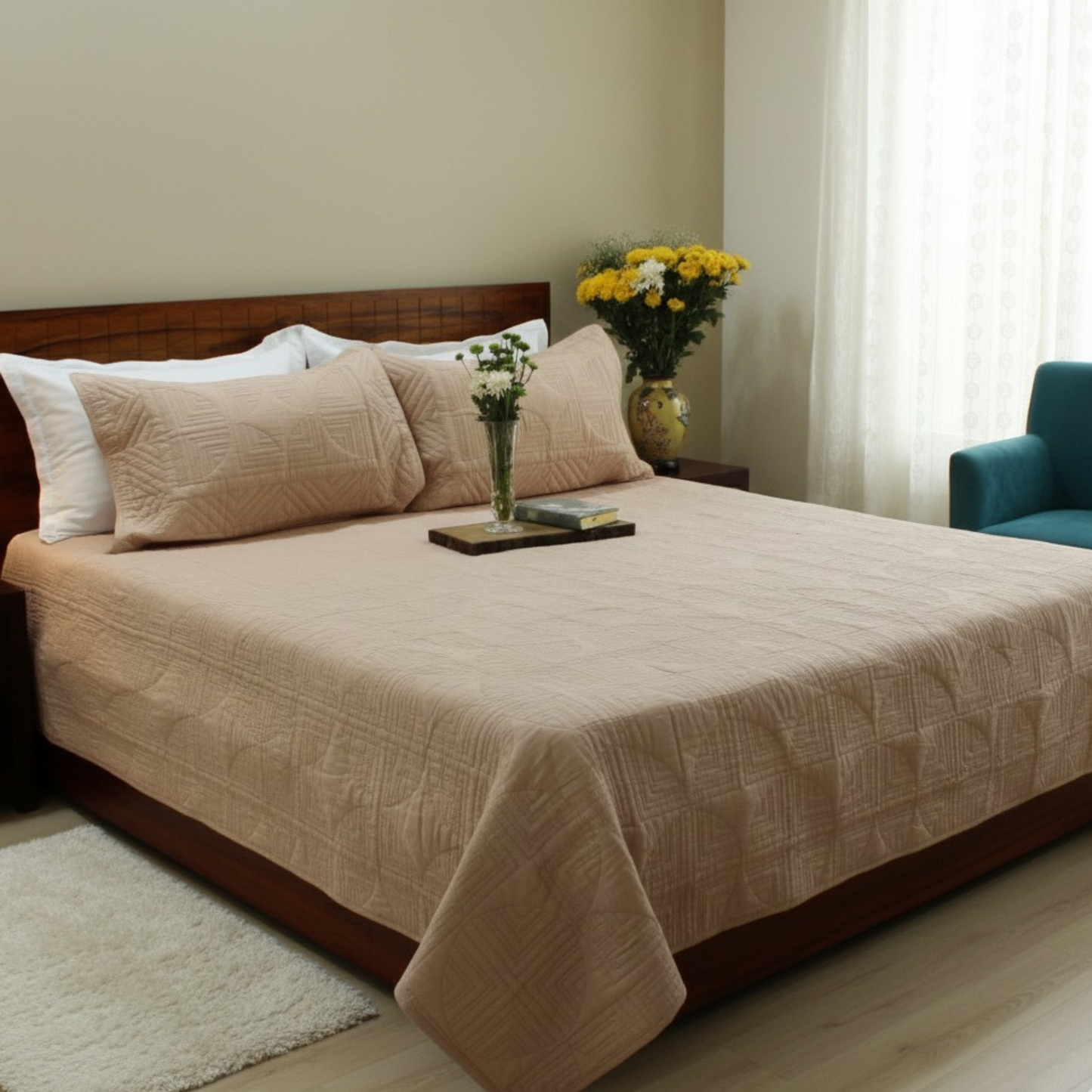 Bedsheet | Cotton Quilted Geometric Peach Mist |  3 Pc Set