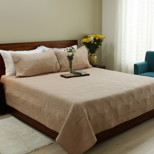 Bedsheet | Cotton Quilted Geometric Peach Mist |  3 Pc Set