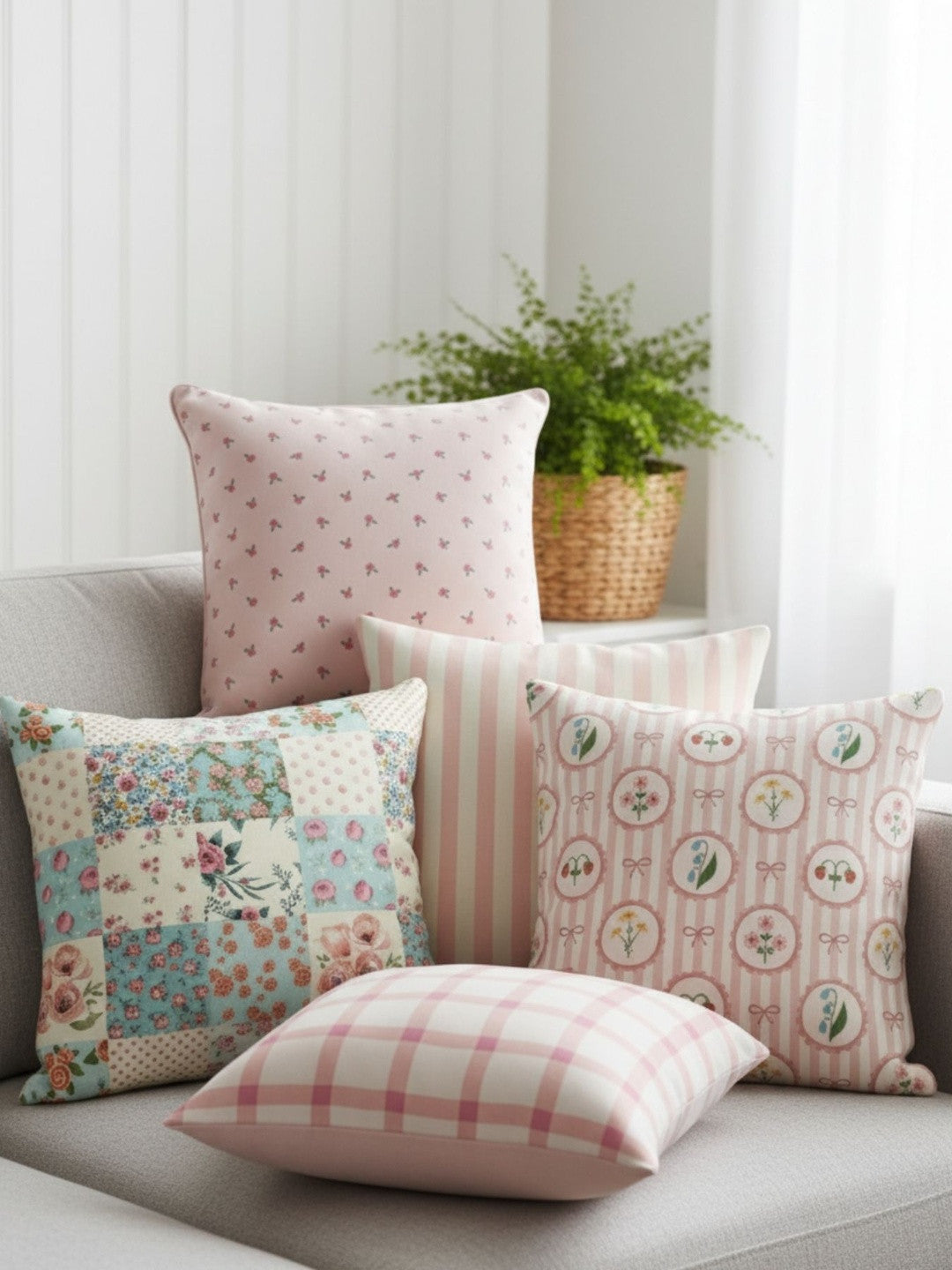 Set of 5 - Pink Cotton Cushion Covers – Decorative Pillow Shams – Versatile Patterns – 16x16 inch