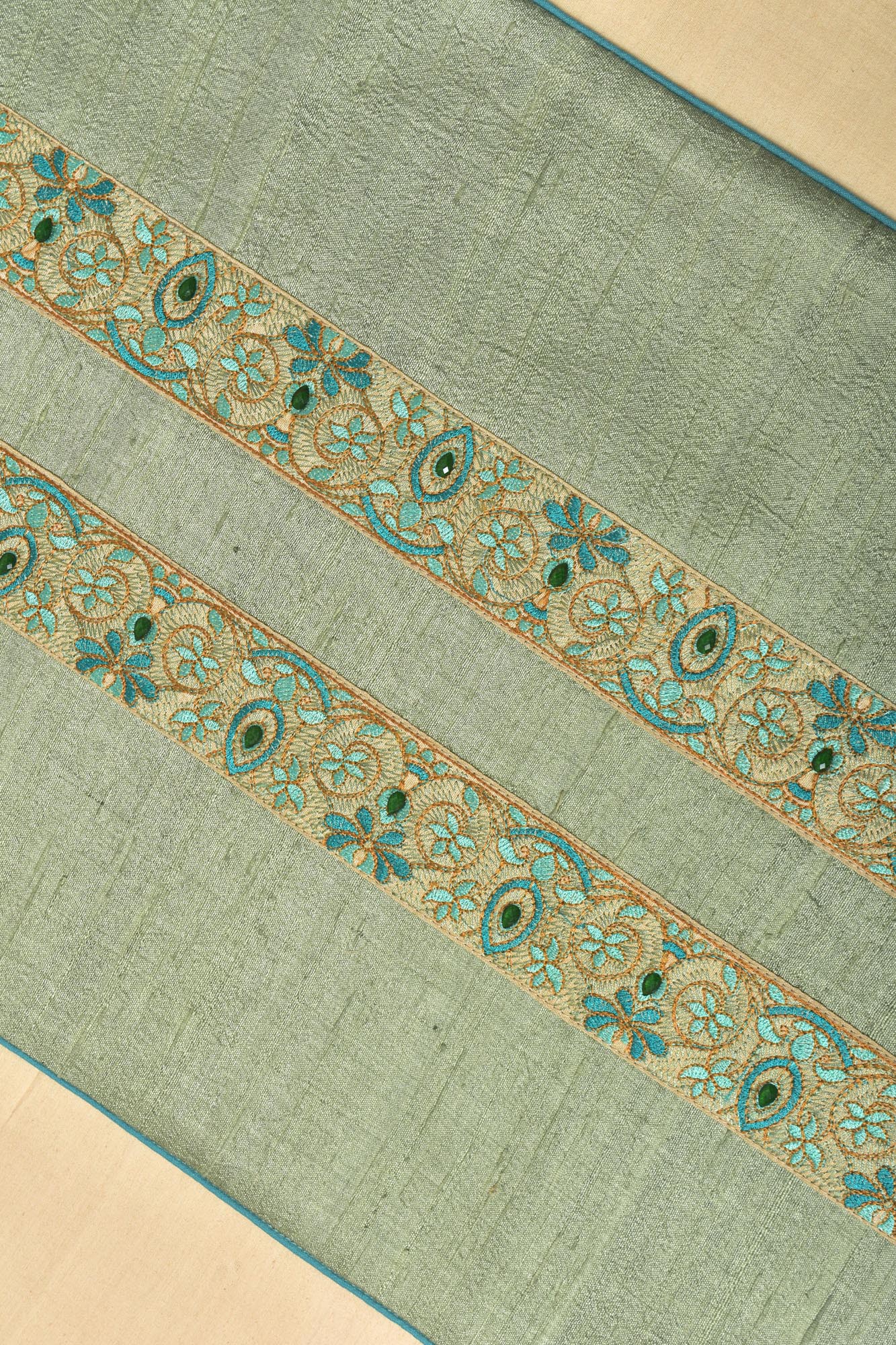 Hand-Embroidered Dupion Silk Table Runner - With Beadwork & Silk Piping