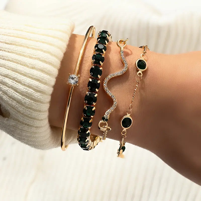 Green Gemstone Snake Bracelet Bangle Set Women