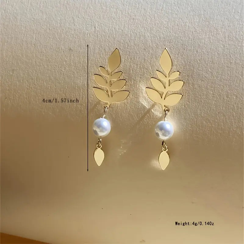 Exquisite Golden Leaf Faux Pearl Decor Dangle Earrings