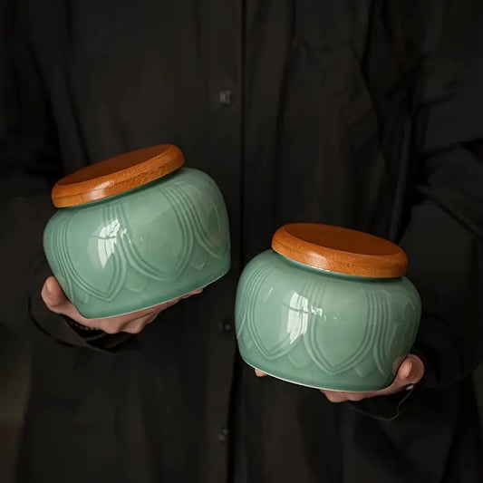 Blue-Green Ceramic Jar - Lotus Leaf Decor, Home and Kitchen