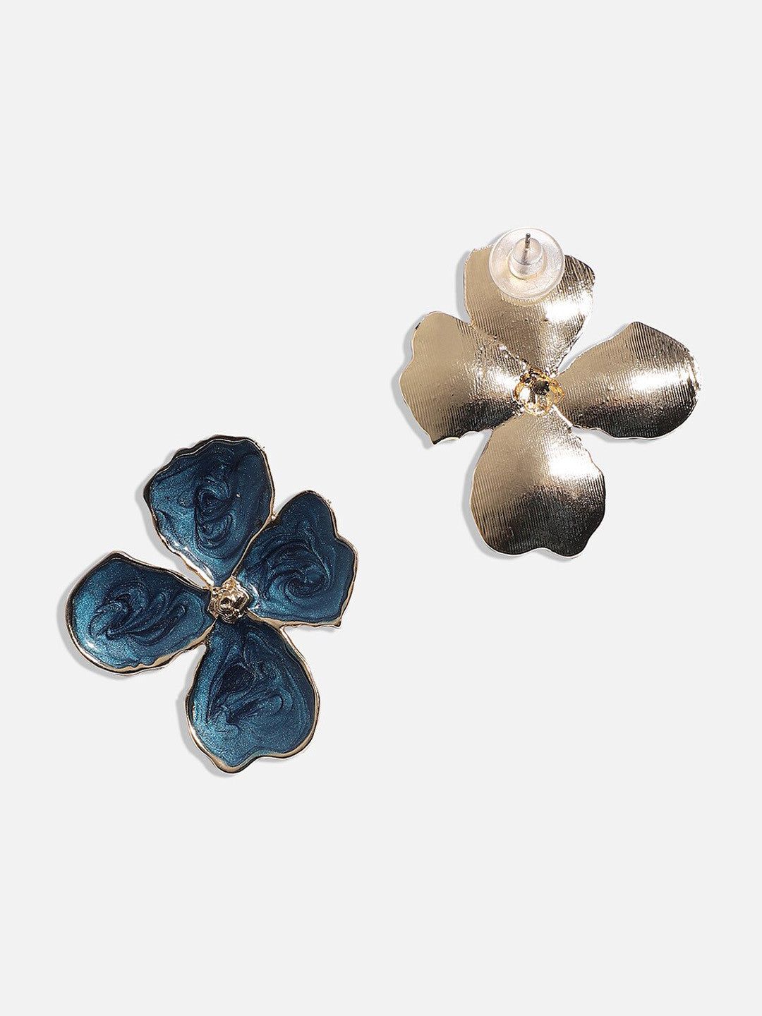 Gold-Plated Stud Earrings – Contemporary Design – Blue Accent – 2.5cm Square