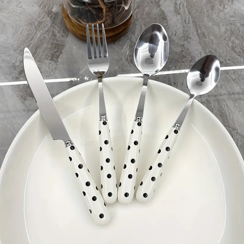 4-Piece Polka Dot Design Stainless Steel Cutlery Set - Ceramic Handle - Dinnerware