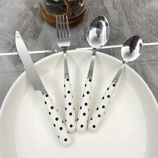 4-Piece Polka Dot Design Stainless Steel Cutlery Set - Ceramic Handle - Dinnerware