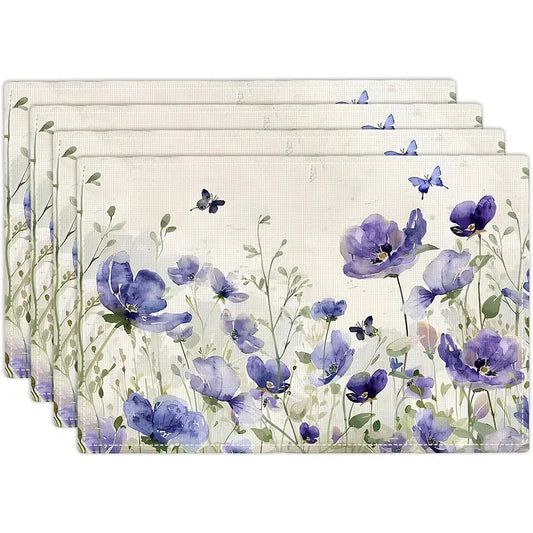 4PC Rustic Floral Placemats – Butterfly & Lavender Pattern, Washable & Waterproof