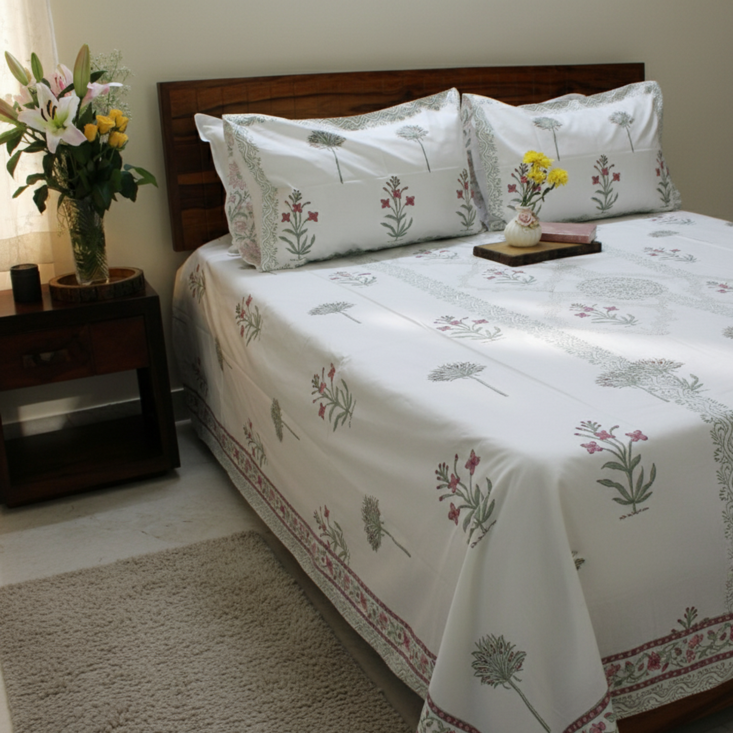 Bedsheet | Handblock Cotton Garden Inspired | Set of 3