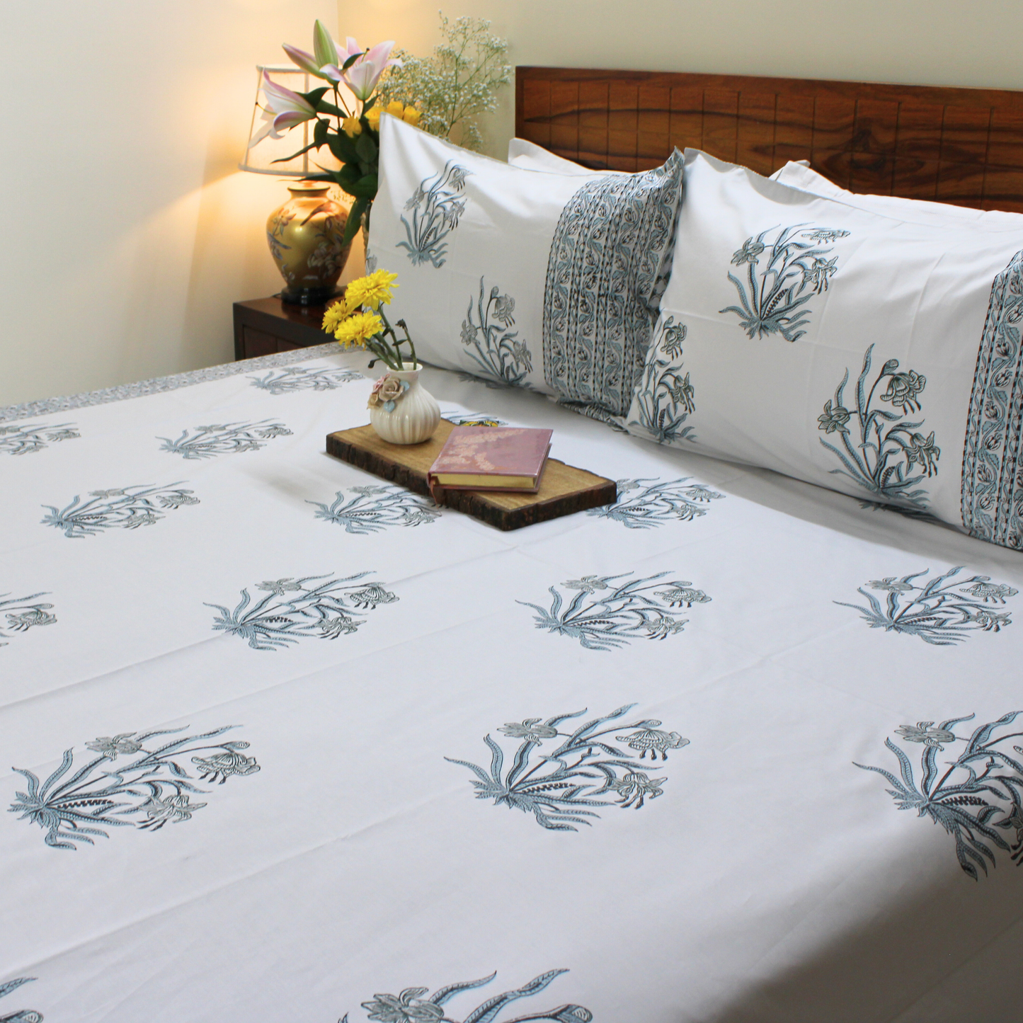 Bedsheet | Cotton Handblock Garden Floral | Set of 3