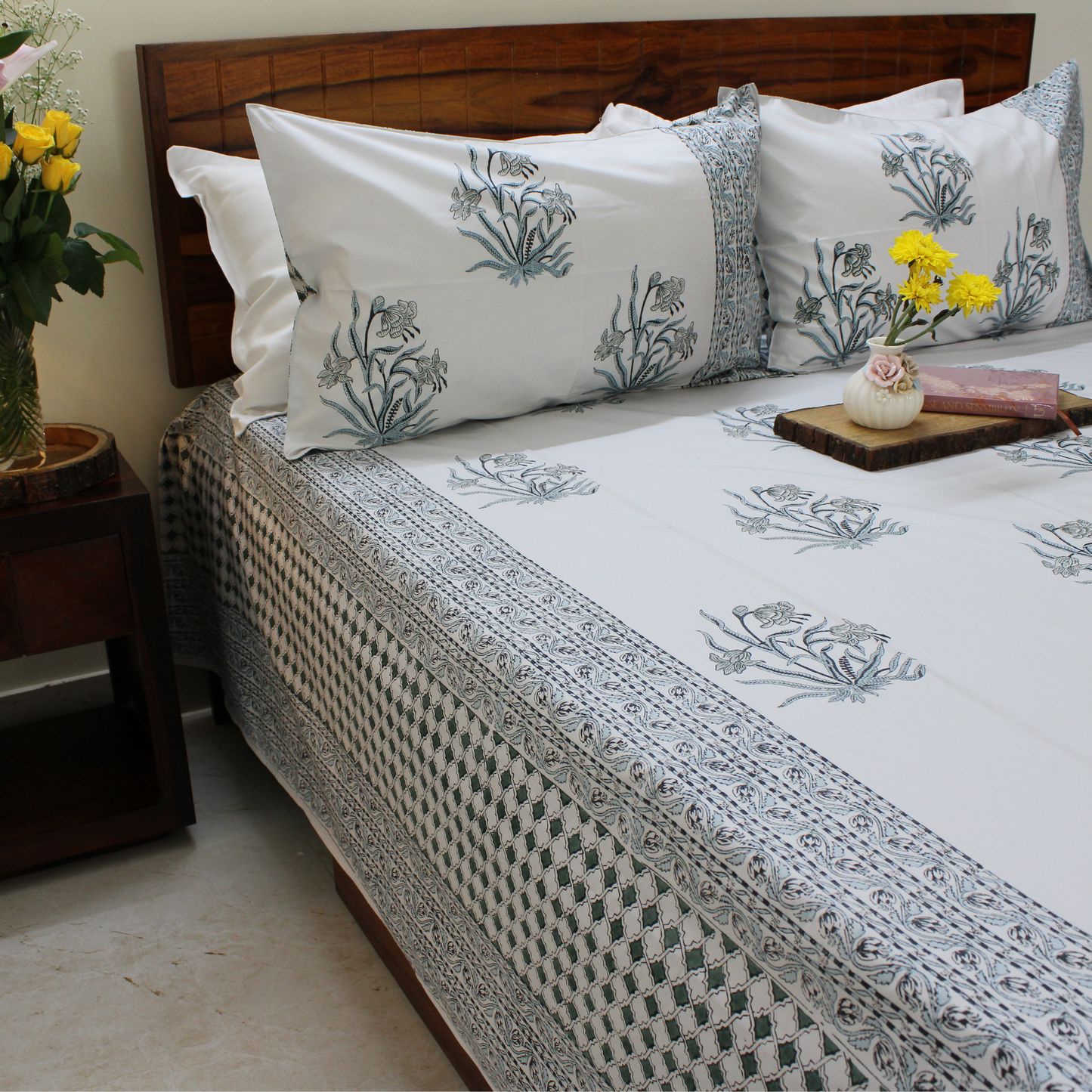 Bedsheet | Cotton Handblock Garden Floral | Set of 3