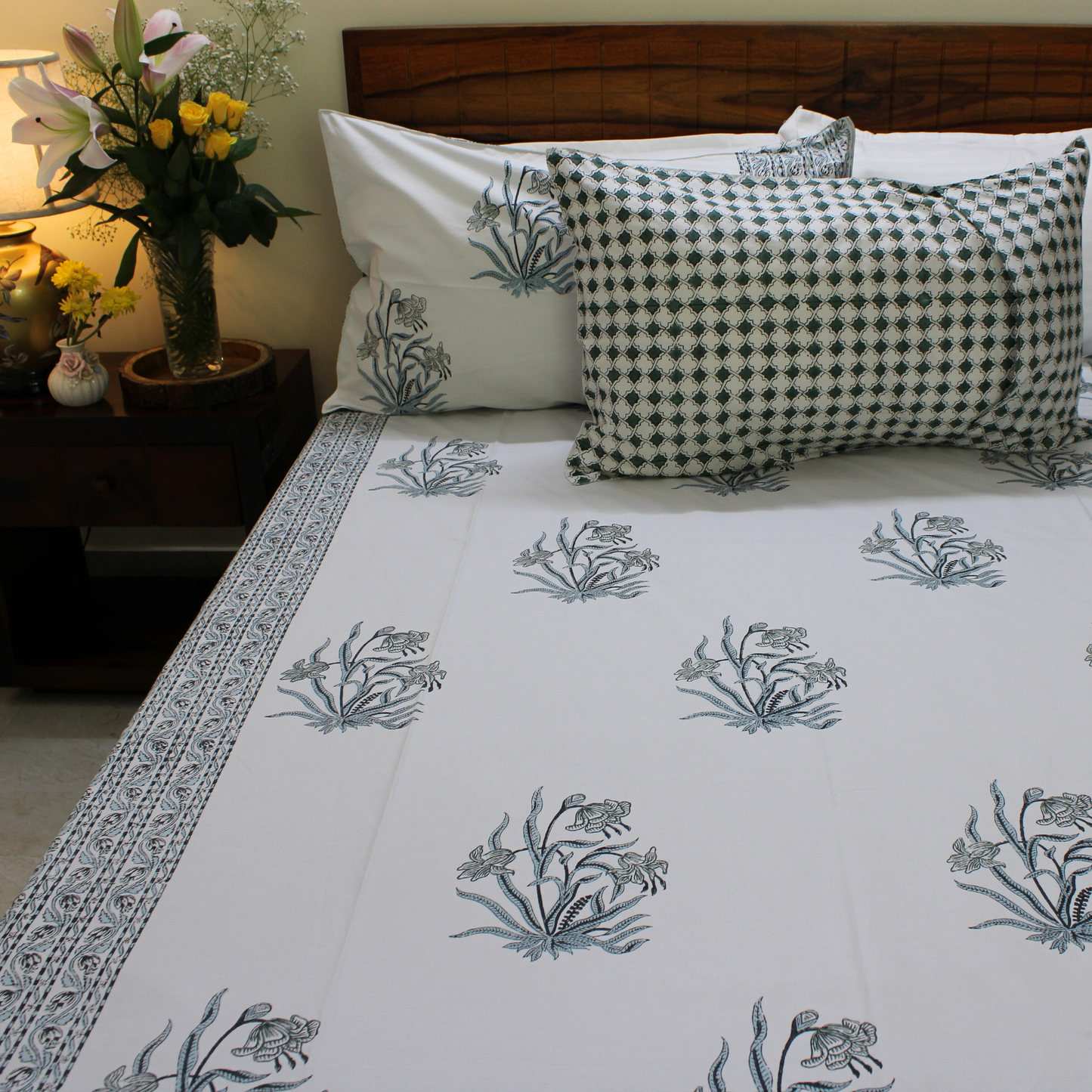 Bedsheet | Cotton Handblock Garden Floral | Set of 3