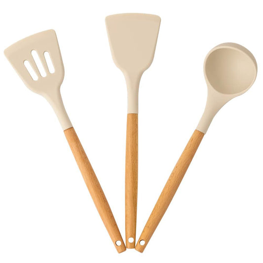 Silicone Spatula & Utensil Set – Kitchen Cooking Tools – Heat-Resistant Silicone, Wood Handle – Cream