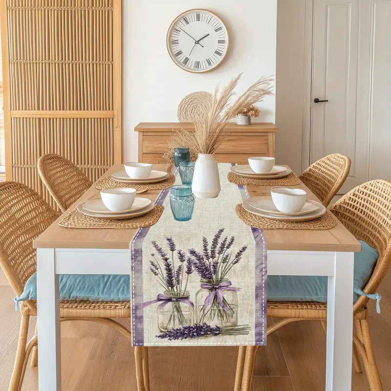 Lavender Table Runner: 72" Beige Purple Floral Glass Jar Decor