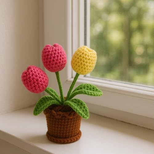 Decorative Floral Arrangement – Crochet Accent Decor – Wool Yarn – Maintenance-Free – 9x6x14 cm