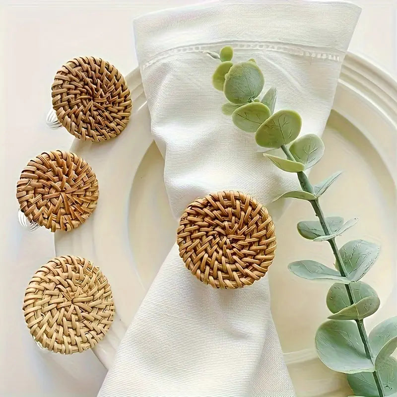 Rattan Napkin Rings Set (6) - Rustic Wooden and Metal Decor