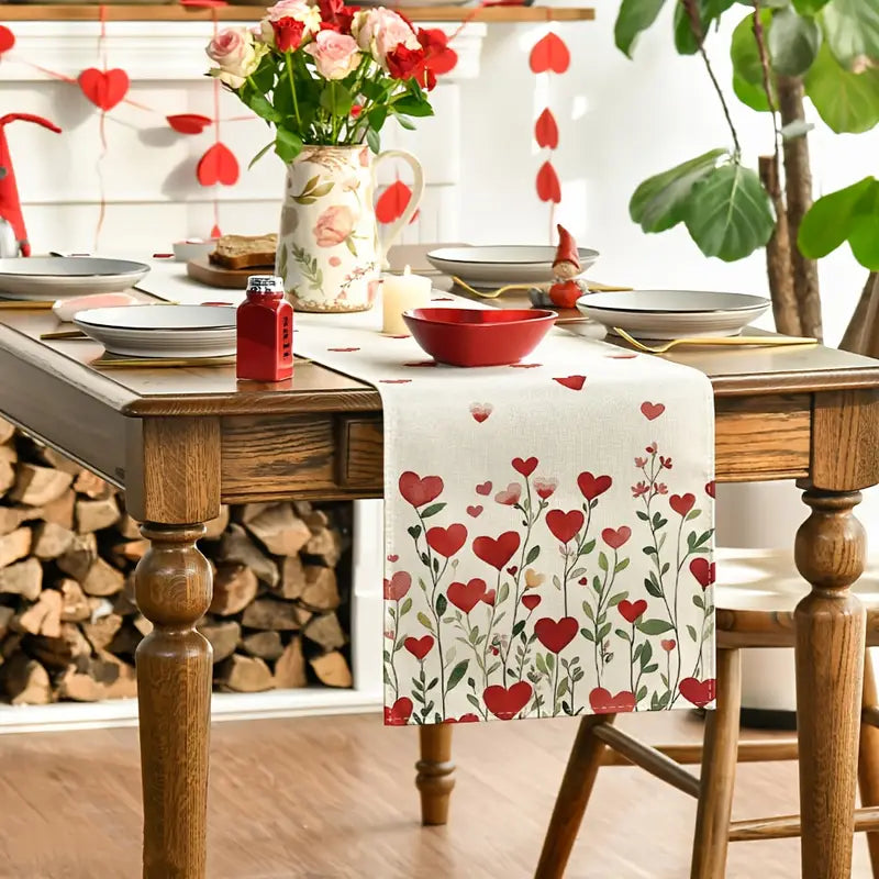 Linen Valentine’s Table Runner – Red Heart Plant Design for Romantic Events