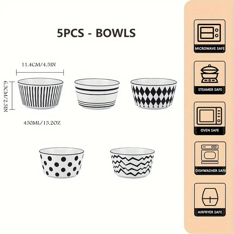 Black Ceramic Bowl Set - Modern Salad Rice Cereal Bowls (5pcs)