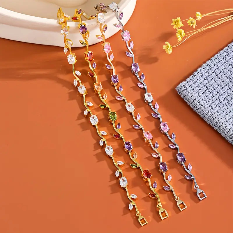 Gold Leaf Charm Bracelet - Multicolor Zirconia Boho