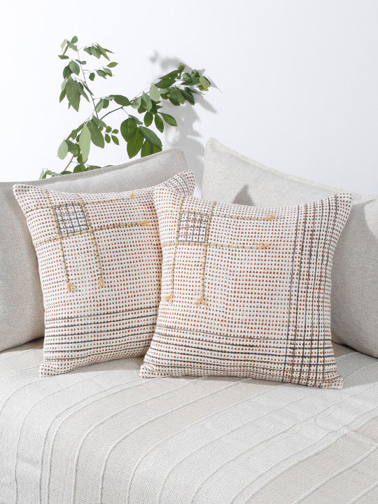 Set of 2 - Geometric Pattern Cushion Covers – Durable Cotton Fabric – Off-White & Brown – 45x45 cm