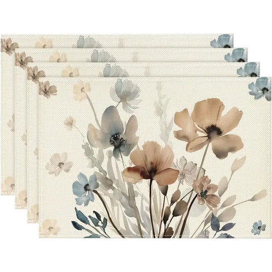4PC Brown Poppy Placemats – 12x18" Durable Polyester Table Mats, Hand Wash