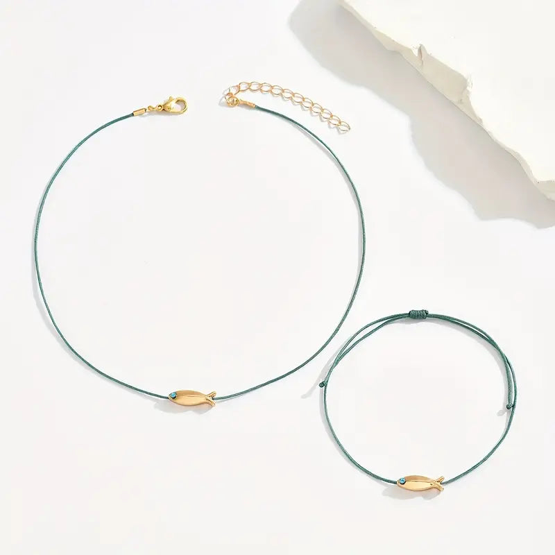 Bohemian Blue Pendant Necklace Bracelet Set - Beach Jewelry