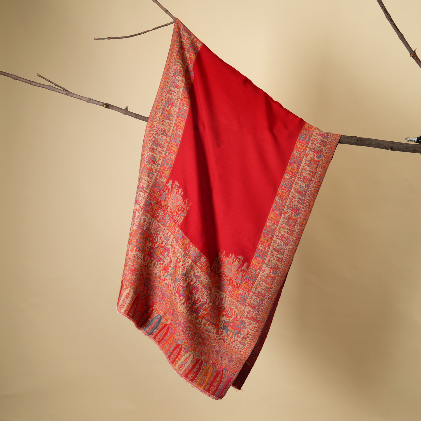 Scarf | Merino Wool 4-Side Border | Red