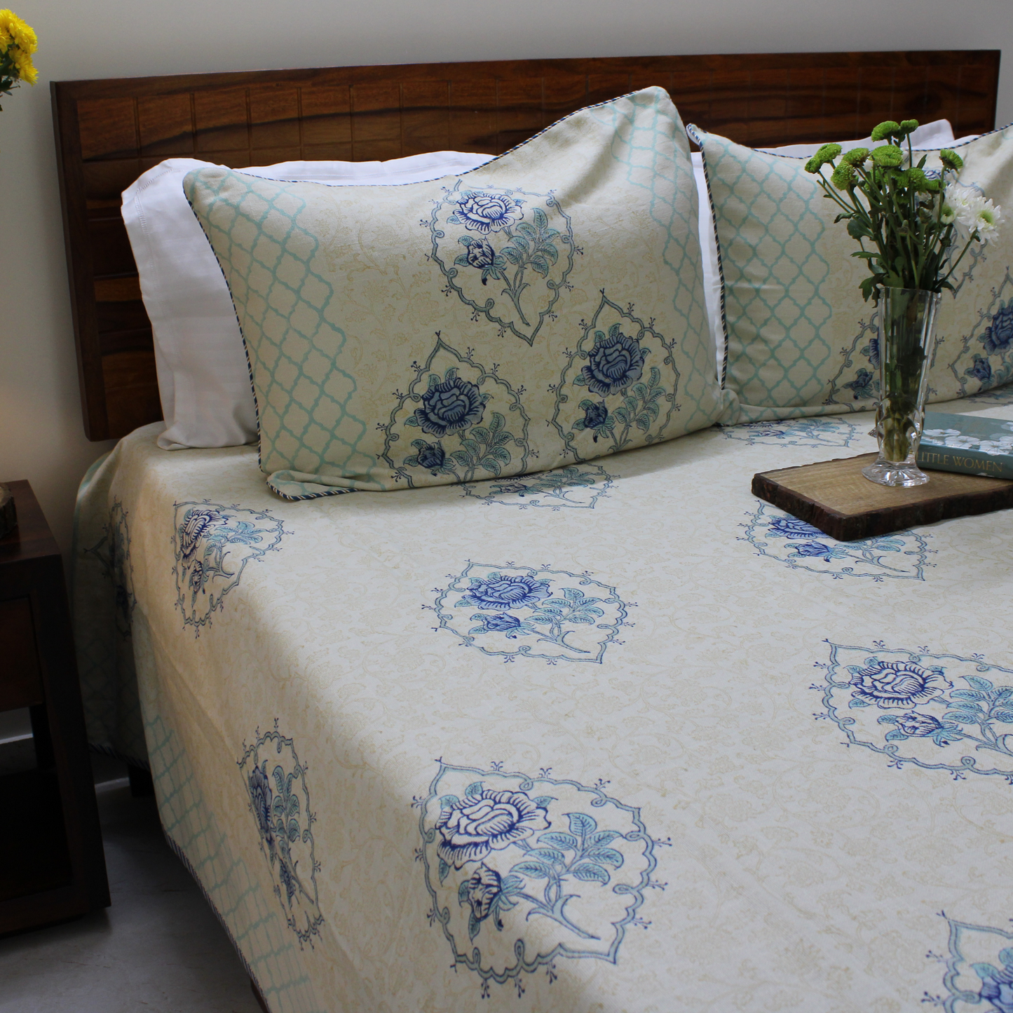 Bedsheet | Handblock Cotton Slub Lotus Garden | Set of 3