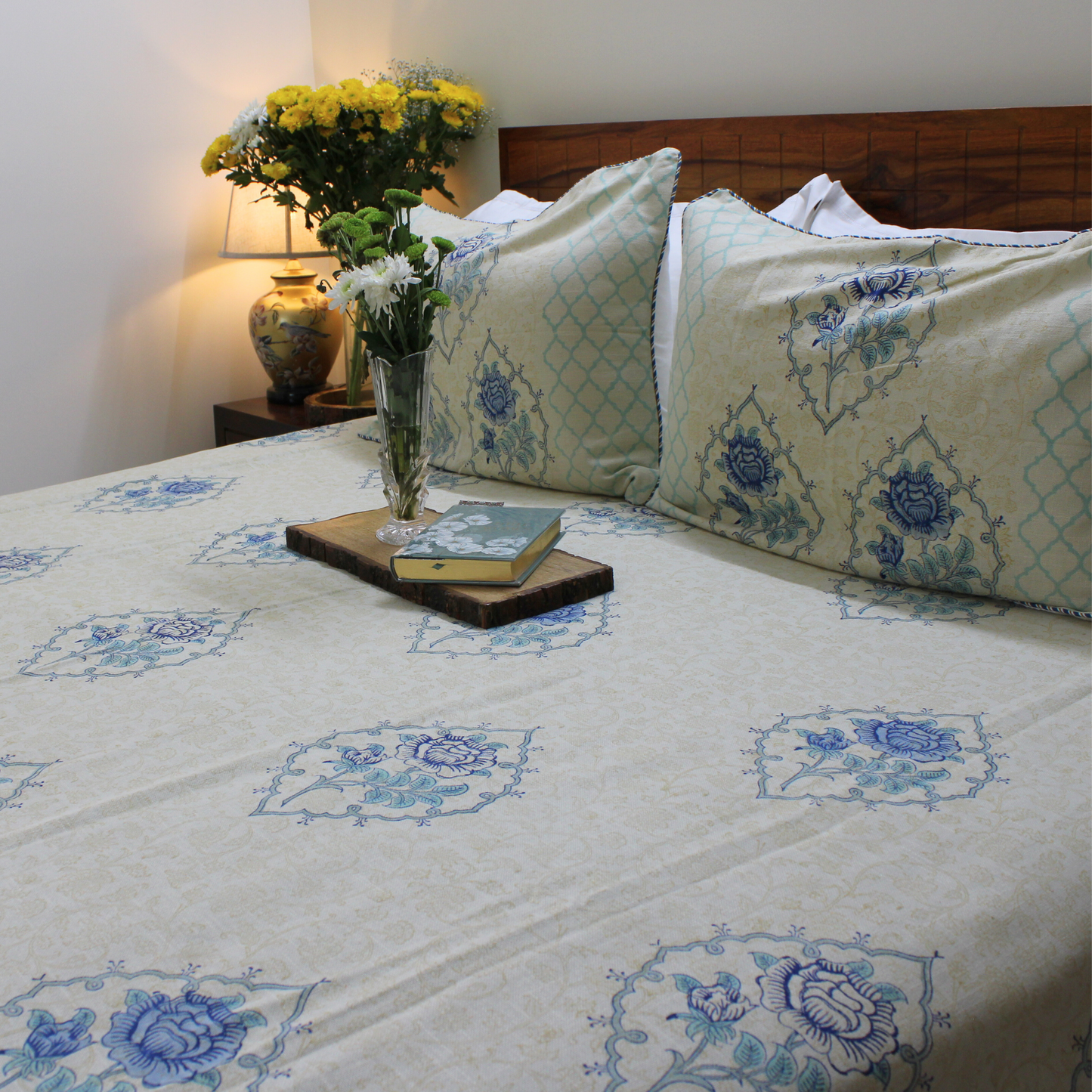 Bedsheet | Handblock Cotton Slub Lotus Garden | Set of 3