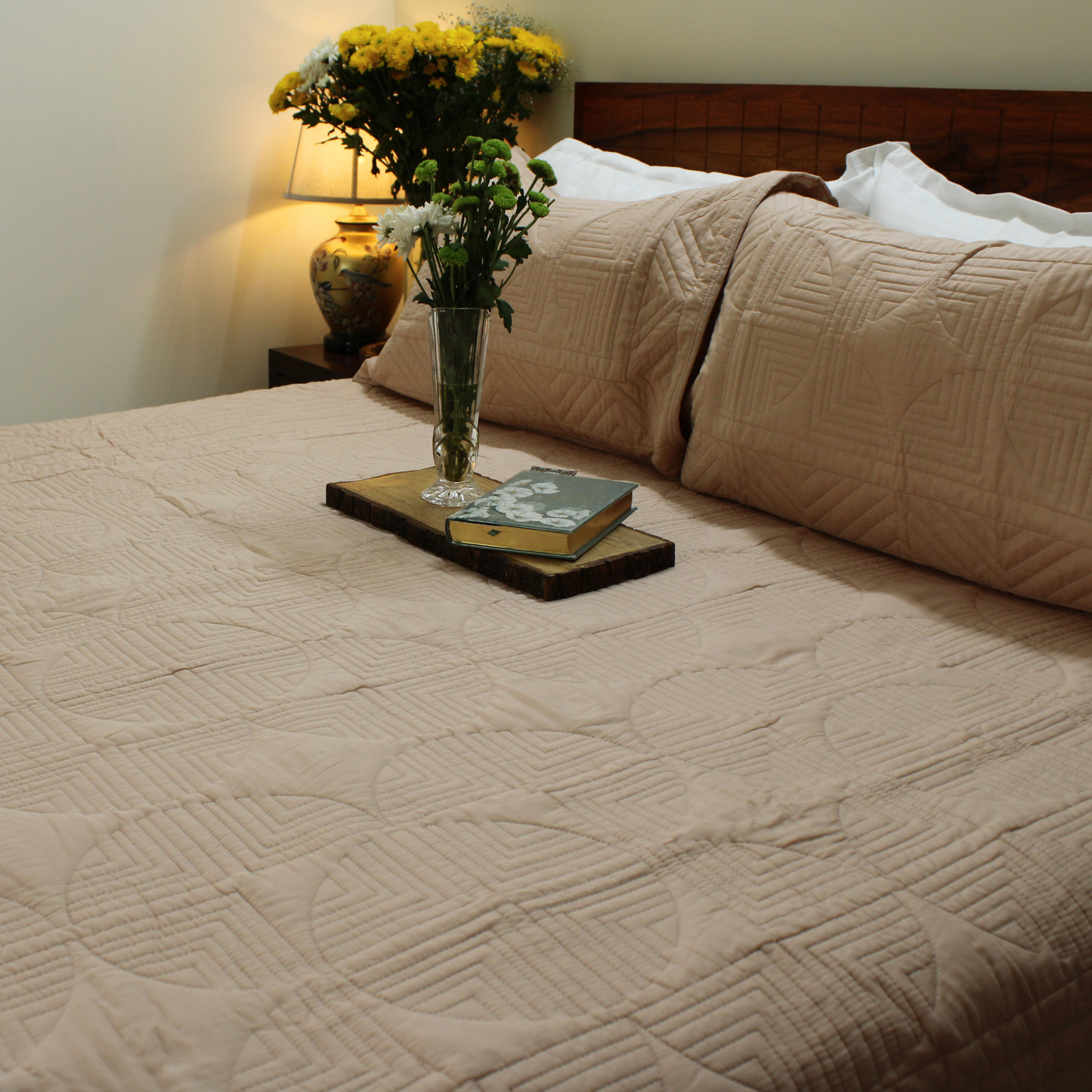 Bedsheet | Cotton Quilted Geometric Peach Mist |  3 Pc Set