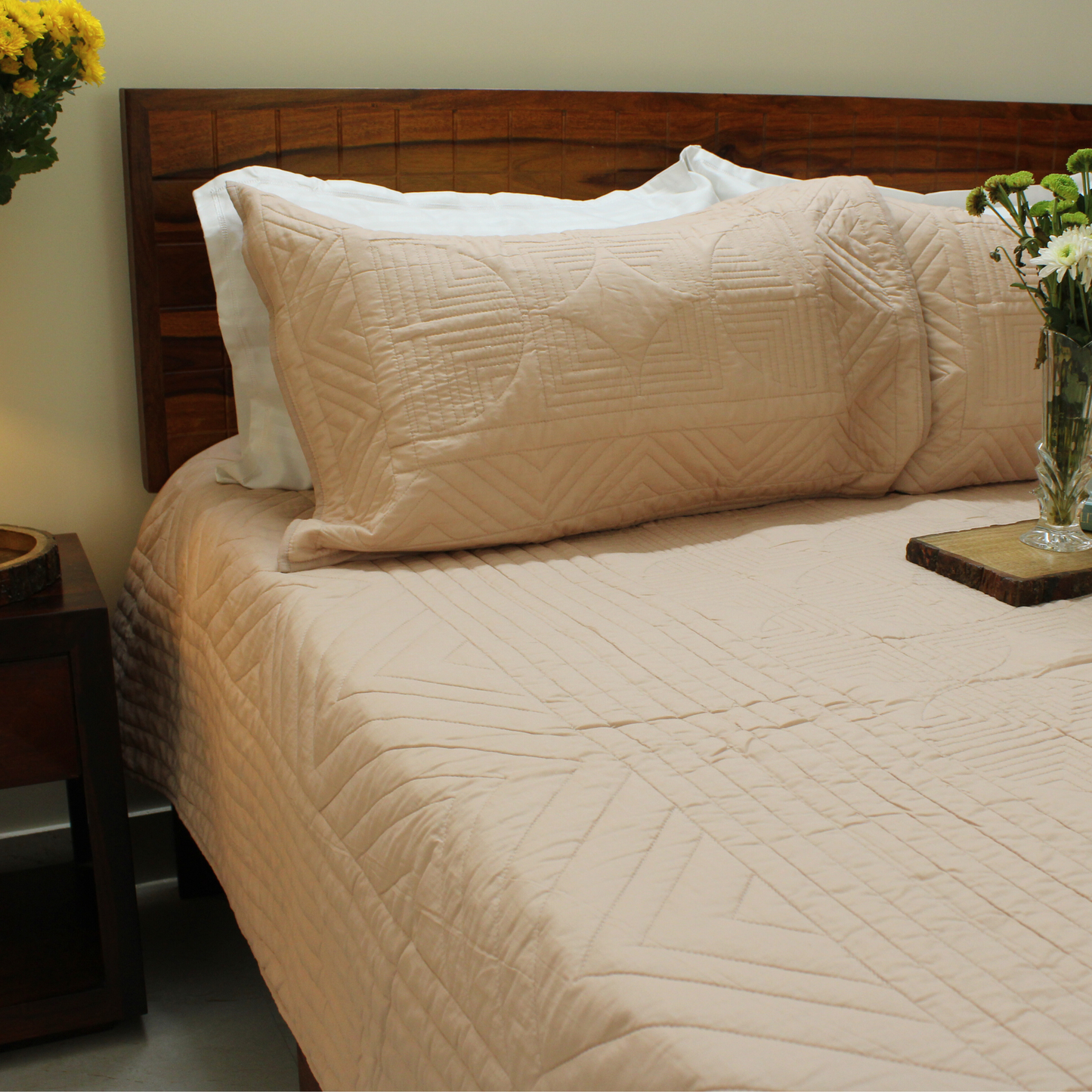 Bedsheet | Cotton Quilted Geometric Peach Mist |  3 Pc Set