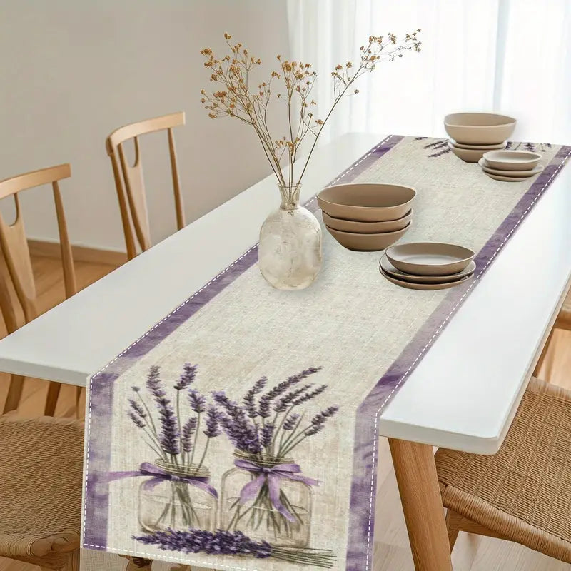 Lavender Table Runner: 72" Beige Purple Floral Glass Jar Decor