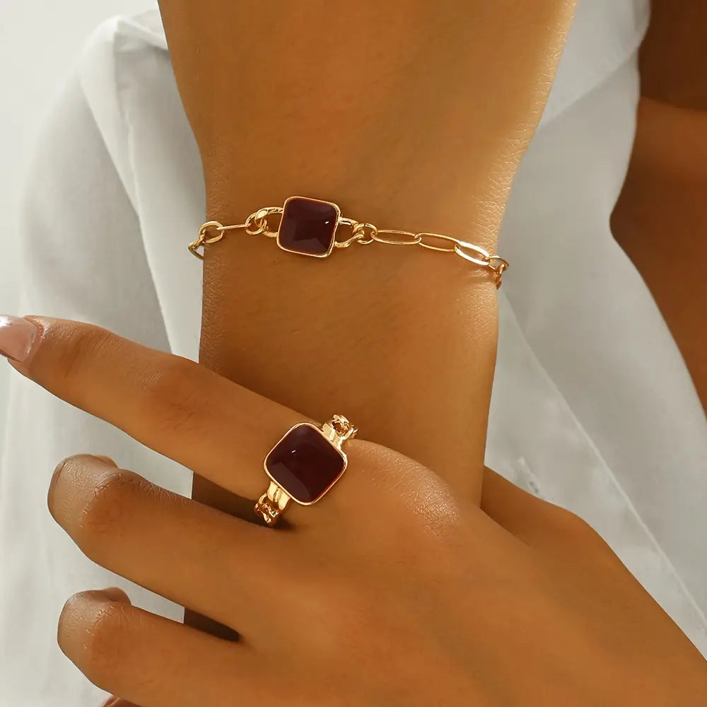2pcs Vintage Street Style Women Jewelry Set, Iron Square Geometric Bracelet and Ring
