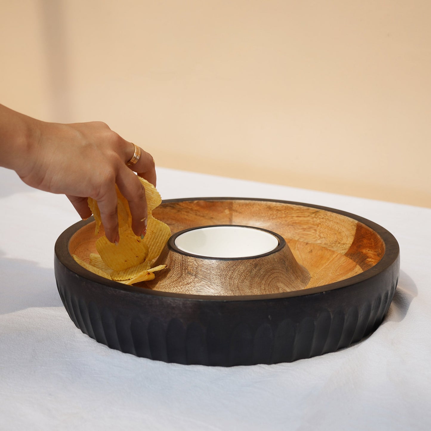 Mango Wood Serving Tray With Removable Bowl - Dual-Tone, Two Sizes