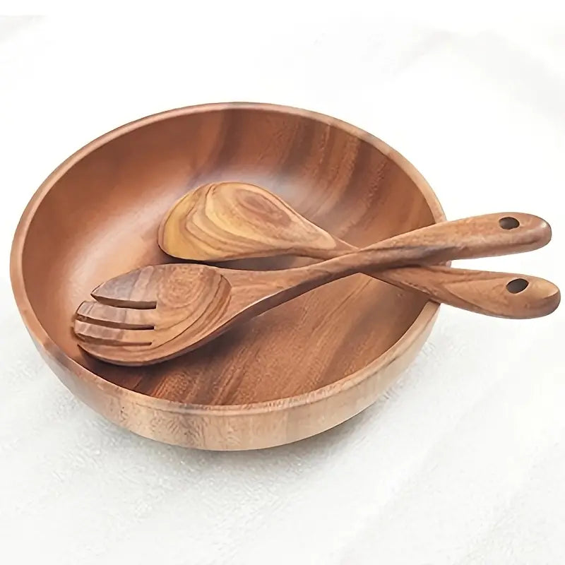 3PC Handcrafted Wooden Salad Set – Bowl, Spoon & Fork – Dining Decor