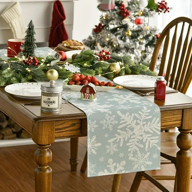 Linen Christmas Snowflake Table Runner - Holiday Dining Decor