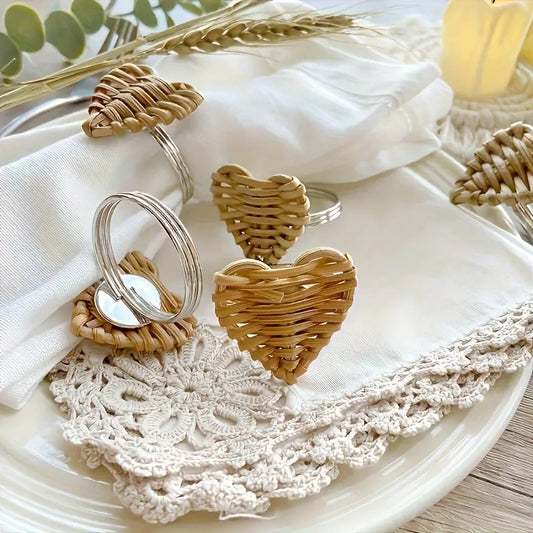 Rattan Napkin Rings Set (6) - Rustic Wooden and Metal Decor
