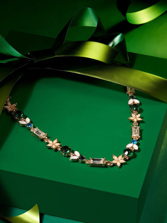 Gold-Plated Embellished Necklace – Fashion Jewellery – Alloy, Artificial Stones, Lobster Closure – 25cm