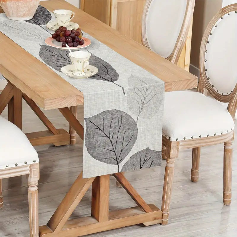 Gray Leaf Table Runner 35x140cm - Polyester, Indoor/Outdoor