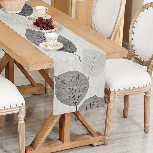 Gray Leaf Table Runner 35x140cm - Polyester, Indoor/Outdoor