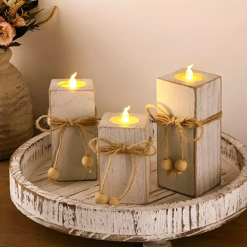 Bohemian Heart Candle Holder Set - Rustic Wood Table Decor