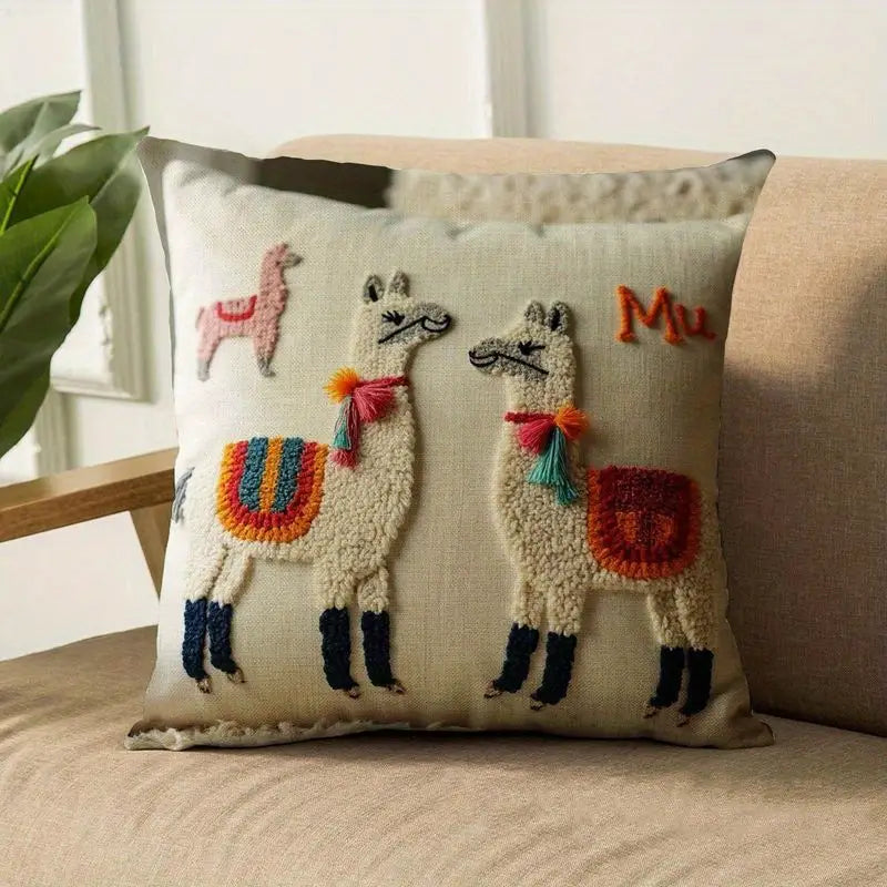 Boho Alpaca Pillow Covers 4pcs - Embroidered Decorative Cushion Cases