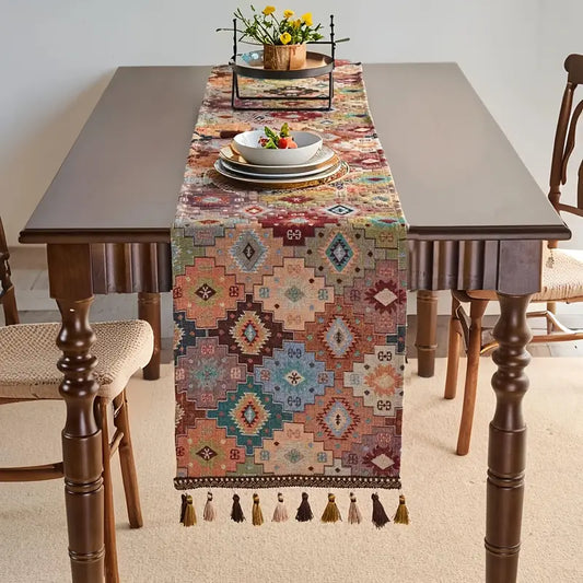 Boho Geometric Table Runner - Vibrant Linen Polyester Rectangle