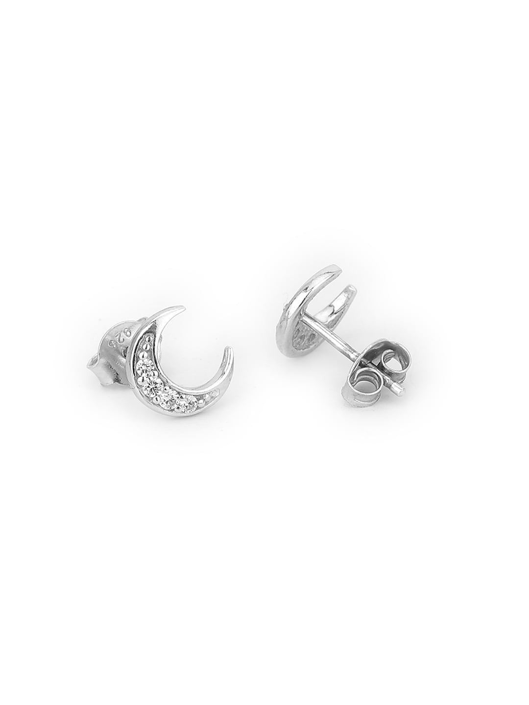 Silver-Toned Crescent Half Hoop Earrings – 925 Sterling Silver – Rhodium-Plated, CZ – 0.9cm